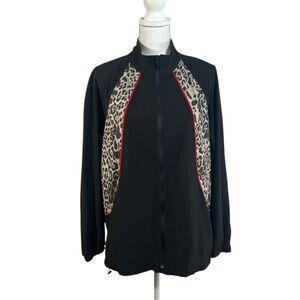 Boston Proper Womens Windbreaker Jacket in Black with Animal Print Trim Size XL